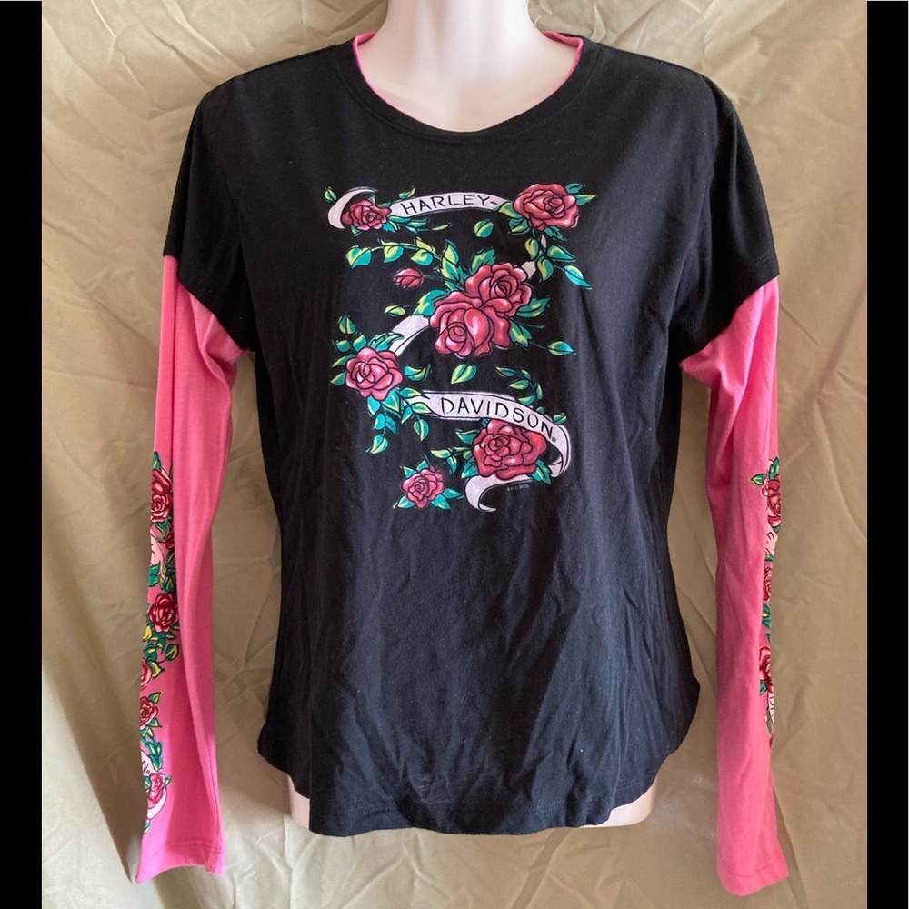 Harley-Davidson Women's Black and Pink Floral Long Sleeve Tee